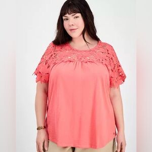 Tommy Hilfiger Coral Pink Lace Yoke Blouse XL Women’s Plus Floral Crochet Top